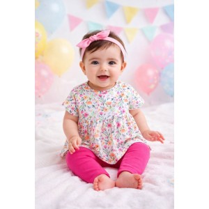 Tricou fetiță iDO cu imprimeu floral din bumbac elastic, model larg cu capse la spate, 4.6633PV23FU