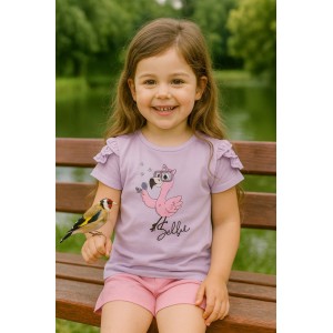 Compleu Sarabanda fete, jerseu bumbac elastic, tricou cu flamingo și pantaloni scurți roz cu strasuri, 0.8385PV24MV