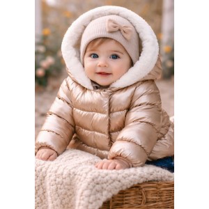 Geacă Puf pentru Fetițe Minibanda din Material Perlă cu Căptușeală Moale și Glugă – Bej Deschis, 3.F738TI25AU
