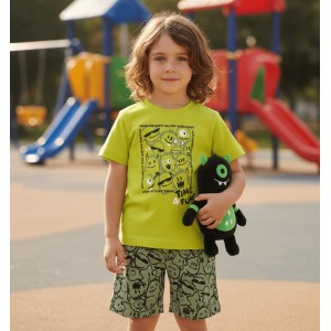 Compleu băieți I Do din bumbac 100%, tricou verde și pantaloni scurți cu monștri, 4.B467PV25VE