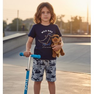 Compleu băieți I Do din bumbac 100%, tricou bleumarin cu dinozaur și pantaloni scurți camuflaj, 4.B467PV25NA