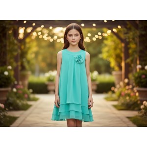 Rochie fete I Do turcoaz din șifon cu căptușeală satin și aplicație floare, 4.6551PV23VE