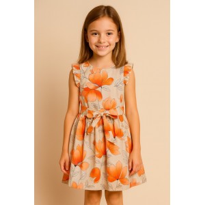 Rochie iDO pentru fete, poplin bumbac elastic cu imprimeu floral și bandă în talie, lungime până la genunchi, 4.6559PV25ORG