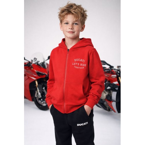 Hanorac băieți Ducati cu glugă și fermoar, bumbac 100%, imprimeu spate, roșu,G.7619TI23RO Hanorac băieți Ducati cu glugă și fermoar, bumbac 100%, imprimeu spate, roșu,G.7619TI23RO