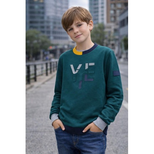 Hanorac băieți Sarabanda verde cu imprimeu relief din bumbac fleece, 0.7513TI23VE Hanorac băieți Sarabanda verde cu imprimeu relief din bumbac fleece, 0.7513TI23VE