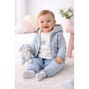 Trening Fetițe iDO 3 Piese din Bumbac, Hanorac Bomber cu Glugă, Tricou și Pantaloni, Albastru, Alb, 4.F091TI25ABS