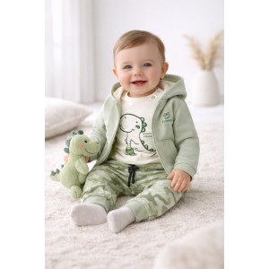 Trening Bebeluși iDO 3 Piese din Bumbac, Hanorac cu Fermoar, Tricou și Pantaloni, Verde, Alb, 4.F011TI25VE