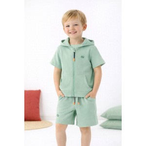 Compleu Sarabanda băieți verde mentă din bumbac 100% cu hanorac și pantaloni scurți, 0.8110PV24VE