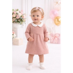 Rochie bebeluși iDO din bumbac 100%, tricot gros de iarnă cu guler contrastant, Roz, 4.F199TI25RZ