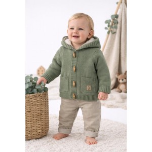 Cardigan bebeluși iDO cu glugă verde salvie, din bumbac 100% tricotat, căptușit, 4.F058TI25VE