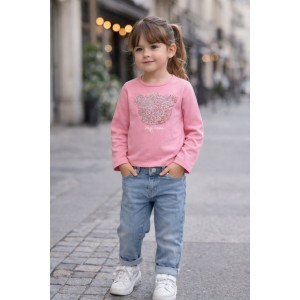 Bluză roz cu mânecă lungă pentru fetițe iDO din bumbac elastic cu aplicație urs floral, 4.A585TI24RZ