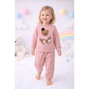 Trening fete iDO roz, set două piese din bumbac elastic cu broderie ursuleț, 4.F345TI25RZ