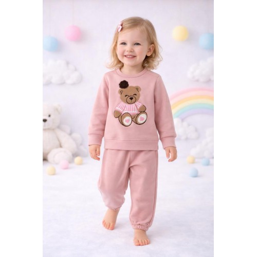 Trening fete iDO roz, set două piese din bumbac elastic cu broderie ursuleț, 4.F345TI25RZ Trening fete iDO roz, set două piese din bumbac elastic cu broderie ursuleț, 4.F345TI25RZ