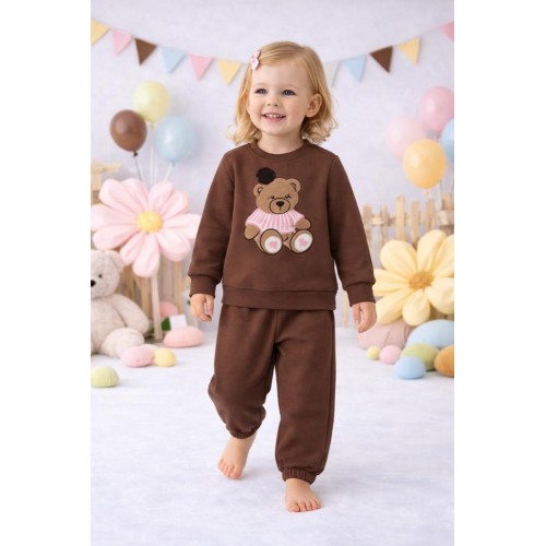 Trening fete iDO maro, set două piese din bumbac elastic cu broderie ursuleț, 4.F345TI25MA Trening fete iDO maro, set două piese din bumbac elastic cu broderie ursuleț, 4.F345TI25MA