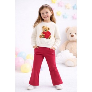 Compleu fete Sarabanda din fleece cu hanorac și pantaloni elastici, imprimeu urs cu flori, 0.A336TI24ALB