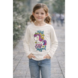 Bluză cu mânecă lungă Sarabanda pentru fete din bumbac elastic cu imprimeu unicorn, 0.A355TI24ALB