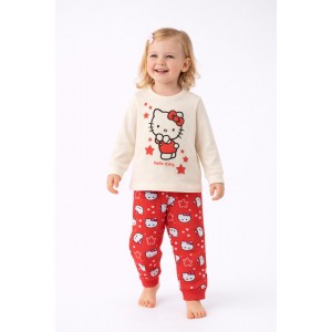 Pijama lungă fete iDO Hello Kitty, set din bumbac 100% cu imprimeu și săculeț inclus, 4.F309TI25RO