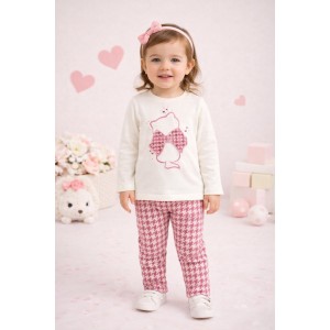 Bluza Minibanda pentru fetițe crem din bumbac 100% cu fundă decorativă roz și mânecă lungă, 0.7276TI23ALB