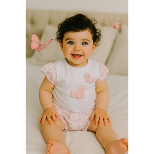 Set iDO fetiță alb-roz din bumbac elastic cu aplicații florale, 4.B092PV25RZ