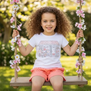 Compleu fete Sarabanda vară, tricou bumbac și pantaloni scurți portocalii, 0.B351PV25PO