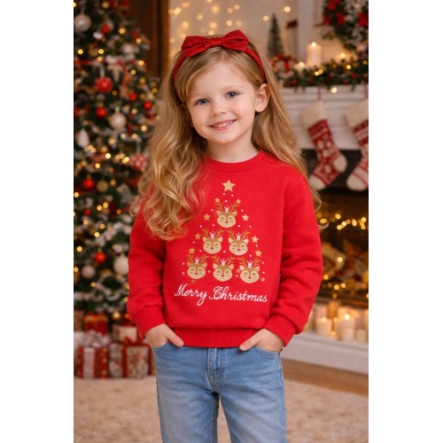 Hanorac fete iDO roșu din bumbac elastic cu imprimeu Crăciun, interior periat,4.7589TI23REN Hanorac fete iDO roșu din bumbac elastic cu imprimeu Crăciun, interior periat,4.7589TI23REN