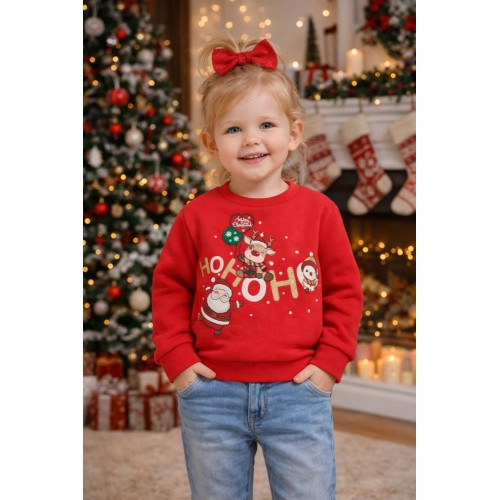 Hanorac fete iDO roșu din bumbac elastic cu imprimeu Moș Crăciun, interior periat,4.7589TI23RO Hanorac fete iDO roșu din bumbac elastic cu imprimeu Moș Crăciun, interior periat,4.7589TI23RO