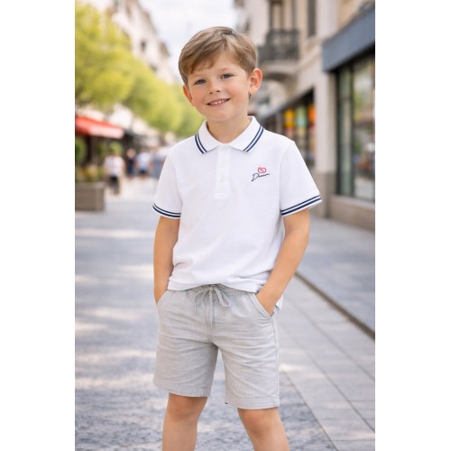 Tricou Polo Sarabanda băieți alb, bumbac cu elastan, guler bicolor, închidere cu nasturi, 0.8680PV24ALB Tricou Polo Sarabanda băieți alb, bumbac cu elastan, guler bicolor, închidere cu nasturi, 0.8680PV24ALB