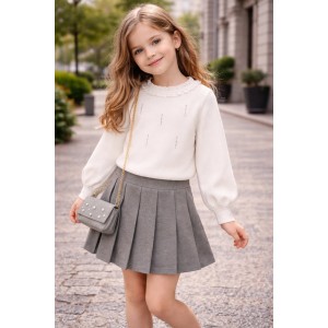 Set elegant fete iDO cu bluză cu volănașe și fustă plisată, cu geantă asortată, 4.F343TI25GR