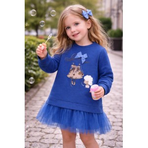 Rochie fete Sarabanda din fleece de bumbac elastic cu tull și fundiță decorativă, 0.7363TI23ABS