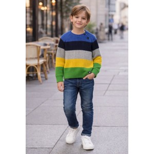 Pulover băiat iDO tricotat în dungi, cu nasturi pe umăr, bumbac și lână, 4.5419TI22VE