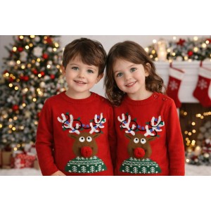 Pulover de Crăciun iDO pentru copii – model cu reni, fete și băieți, 4.5414TI22RO