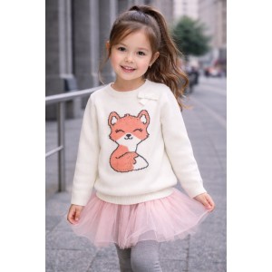 Pulover iDO pentru fete tricotat cu vulpe și fundă aplicată, crem, elegant și călduros, 4.7646TI23ALB