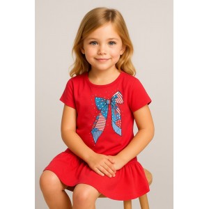 Rochie iDO pentru fetițe, jerseu 100% bumbac, imprimeu fundiță cu strasuri și volan în partea de jos, 4.B547PV25RO