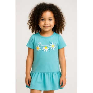 Rochie iDO pentru fetițe, jerseu 100% bumbac, imprimeu floral cu strasuri și volan în partea de jos, 4.B547PV25TU