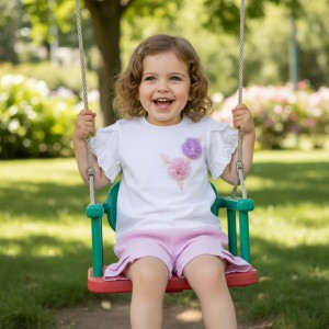 Compleu bebe fete Minibanda 1–24 luni, tricou alb cu flori și pantaloni scurți roz, 3.B761PV25MV