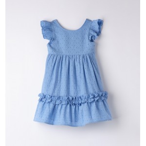 Rochie Sarabanda pentru fete, bumbac 100%, broderie anglaise albastră cu volănașe și fundă la spate, 0.B339PV25ABS