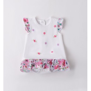 Salopetă Minibanda pentru bebelușă din jerseu de bumbac elastic, cu volănașe și detalii florale, 3.B785PV25ALB