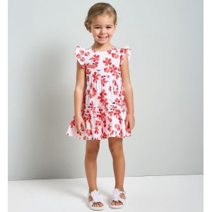 Rochie iDO pentru fete, bumbac 100%, poplin cu imprimeu floral roșu și volănașe la umeri, 4.B494PV25RO