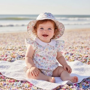 Salopetă bebe fete Minibanda din bumbac satinat, imprimeu floral pastel și pălărie asortată, 3.8715PV24RZ