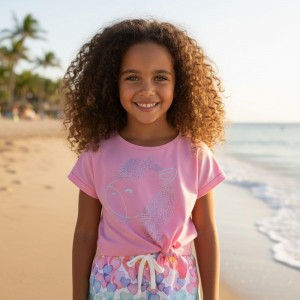 Set fete Sarabanda, tricou unicorn cu nod și pantaloni scurți cu imprimeu inimi, bumbac elastic, 0.B237PV25RZ