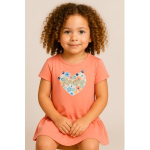 Rochie iDO pentru fete, jerseu 100% bumbac, imprimeu inimă cu flori și volan în partea de jos, 4.B547PV25PI