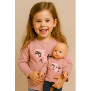 Bluză Sarabanda fete, mânecă lungă, jerseu catifelat roz cu imprimeu „THE END” și detalii lucioase, 0.7206TI23RZ