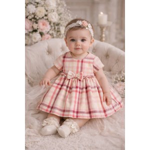 Rochie Minibanda pentru bebeluși, model în carouri cu fundiță, căptușită din bumbac, 3.7751TI23RZ