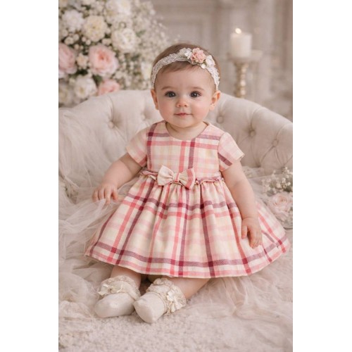 Rochie Minibanda pentru bebeluși, model în carouri cu fundiță, căptușită din bumbac, 3.7751TI23RZ Rochie Minibanda pentru bebeluși, model în carouri cu fundiță, căptușită din bumbac, 3.7751TI23RZ