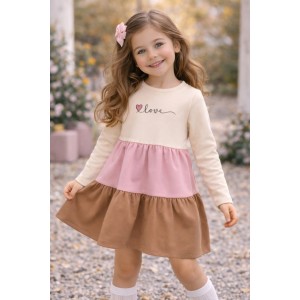 Rochie color block Sarabanda pentru fete, din bumbac elastic, cu imprimeu Love, 0.7227TI23BJ