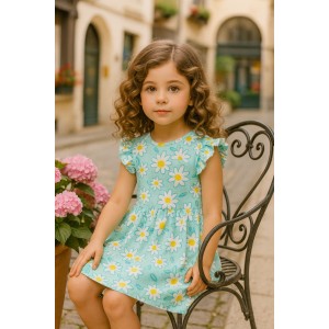 Rochie casual iDO pentru fete, bumbac 100%, imprimeu margarete pe fond bleu pastel, 4.B548PV25TU