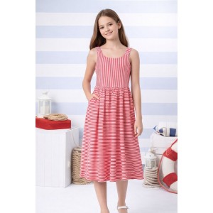 Rochie fete iDO din viscoză 100%, cu dungi roșii și albe, model de vară cu elastic la spate, 4.8885PV24RO