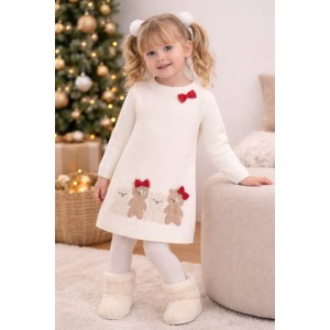 Rochie tricotată Sarabanda pentru fete cu ursuleți și fundițe, 0.F343TI25ALB