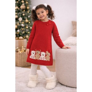 Rochie tricotată Sarabanda pentru fete cu ursuleți și fundițe, roși, 0.F343TI25RO