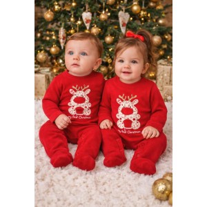 Salopetă bebe iDO roșie „My First Christmas” din bumbac, cu capse, pentru nou-născuți, 4.A219TI24RO